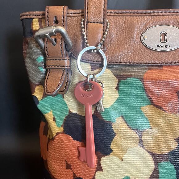 Fossil Key~Per | Coated Canvas | Abstract Floral | Tote Bag | Leather Straps - Picture 2 of 15
